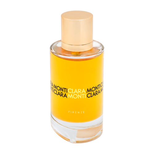 clara-monti-romantica-eau-de-parfum-frontale Flacone Romantica Eau de Parfum Clara Monti 100 ml in vetro trasparente con tappo dorato, vista frontale
