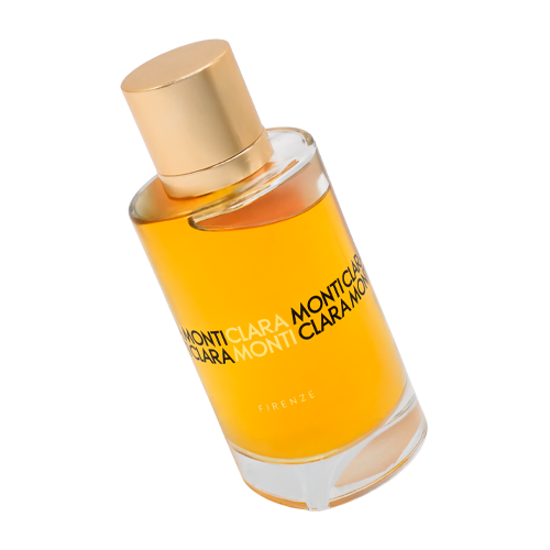 Eau de Parfum Romantica Clara Monti 100 ml, flacone inclinato con logo serigrafato e dicitura Firenze